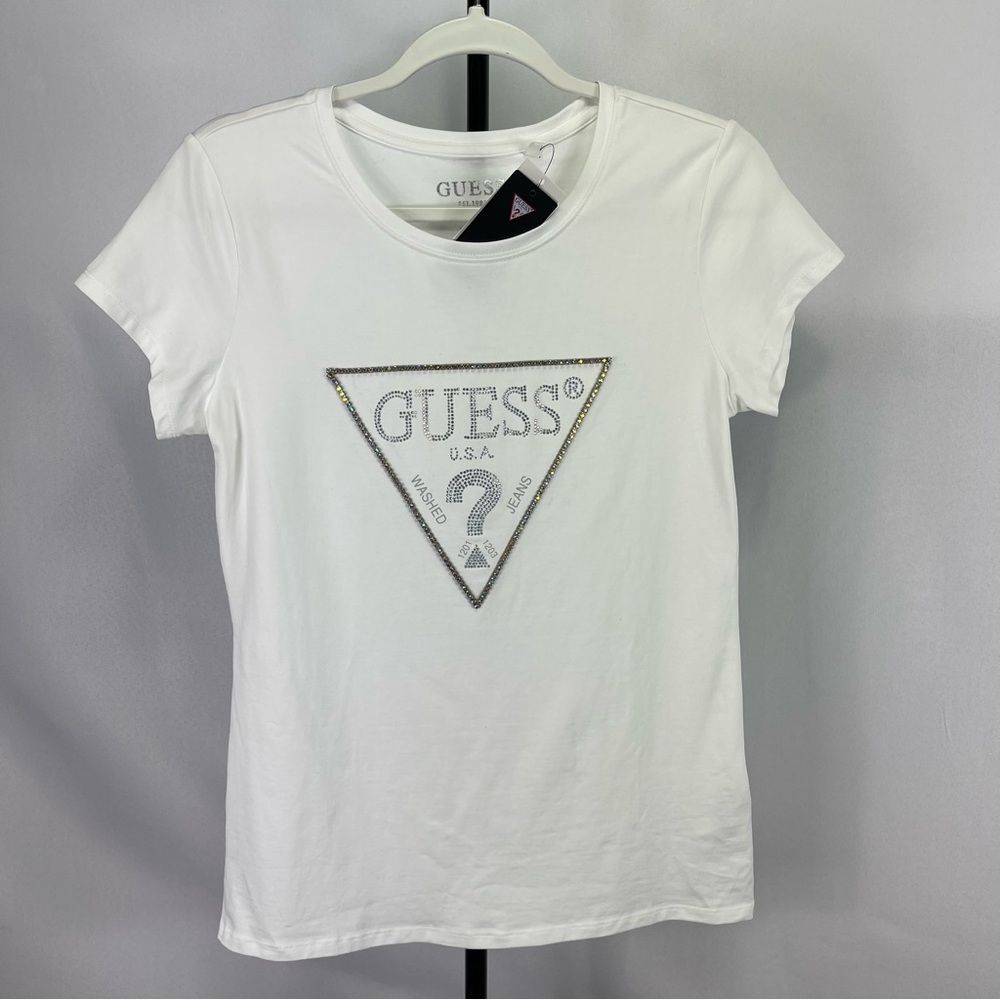 GUESS rainbow rhinestone embellished logo tee, L - Picture 1 of 10